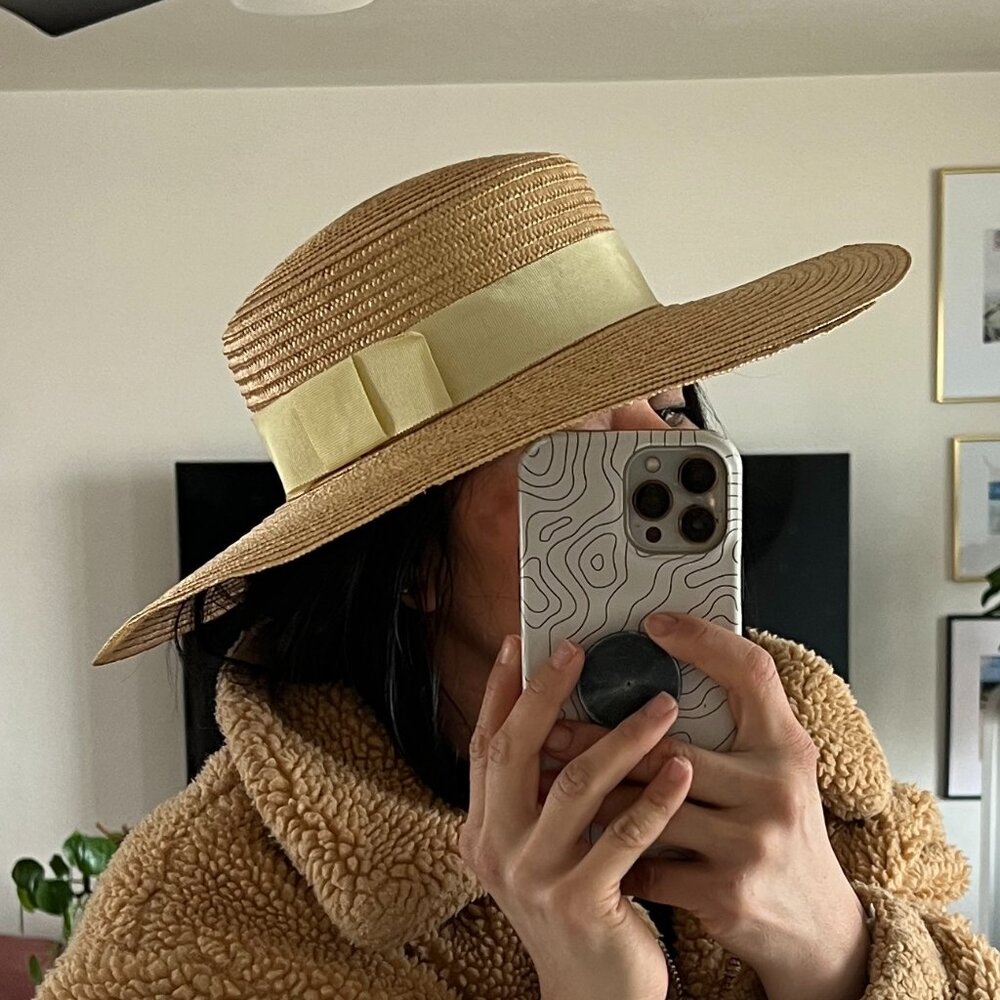 Madcaps Straw Boater Hat Cream Ribbon Wide Brim